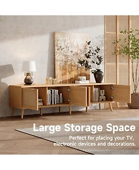 Rainsken 70 Inch Tv Stand with Rattan Doors for TVs , Modern Wood Entertainment Center with Storage Cabinets and Cable Holes for Living Room