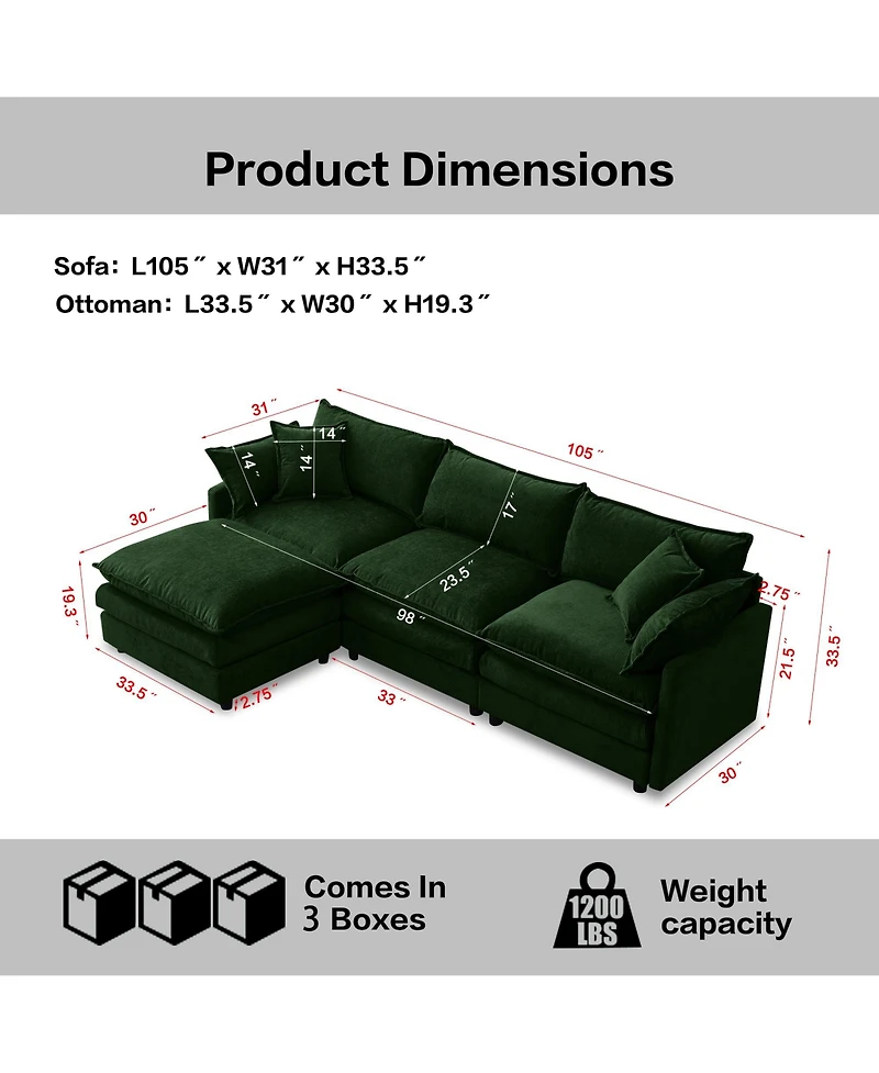 Rainsken Modern Modular Sectional Sofa, 105" L Shape 3-Seater Chenille Couch with Detachable Footrest for Living Room Use