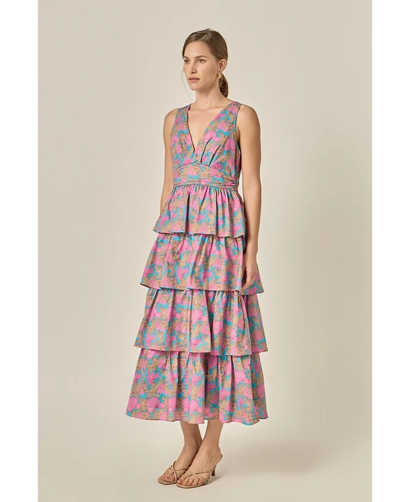 English Factory Women's Deep V-neck Tiered Maxi Dress