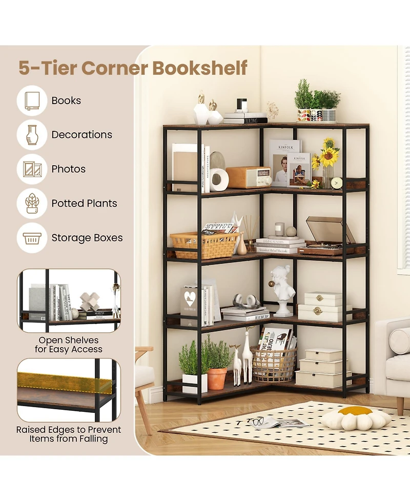 Gouun 5-Tier L-Shaped Corner Bookshelf with Metal Frame, 43.5 x 35 x 71