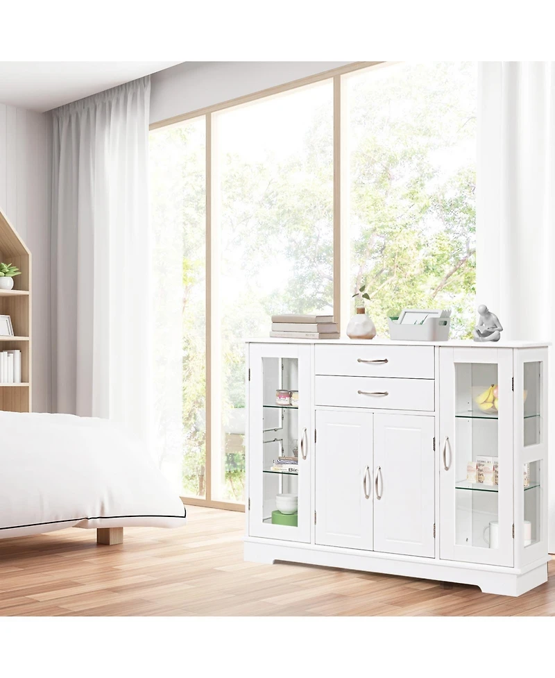 Gouun Sideboard Buffet Server Storage Cabinet with 2 Drawers and Glass Doors, 42 x 11.5 x 32