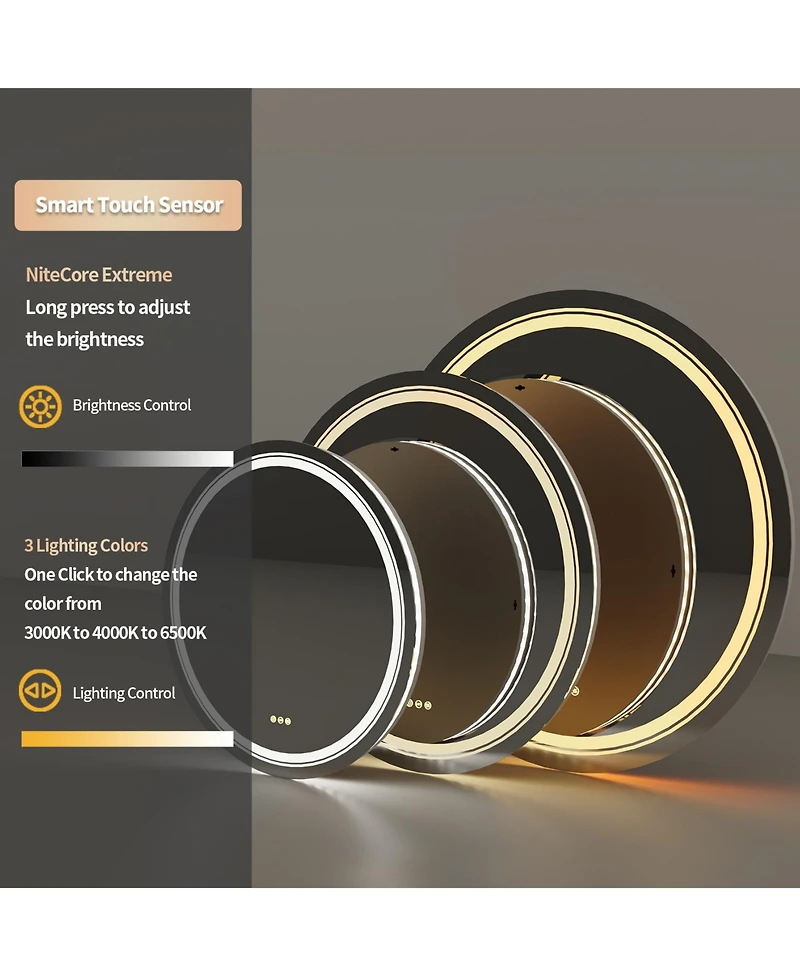 Luvodi 24" Round Dimmable Wall Mounted Led Bathroom Mirror Smart Mirror Anti Fog with Touch Switch