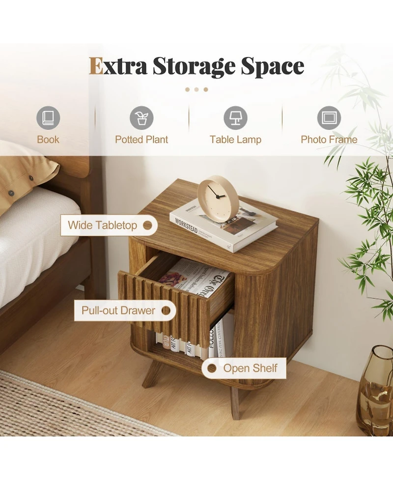 Gouun Mid-Century Wood Nightstand with Drawer and Open Shelf