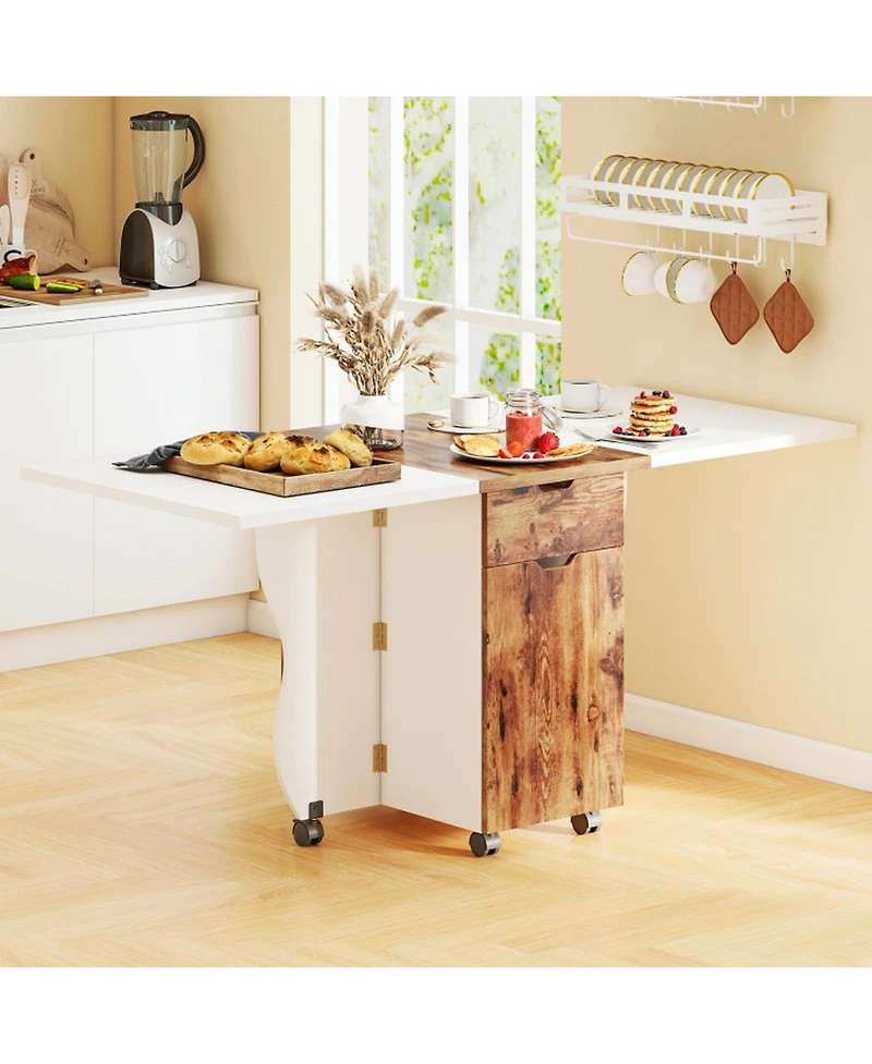 Gouun 3-in-1 Folding Drop Leaf Dining Table with Drawers, Cabinets, and Lockable Wheels