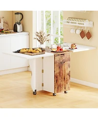 Gouun 3-in-1 Folding Drop Leaf Dining Table with Drawers, Cabinets, and Lockable Wheels