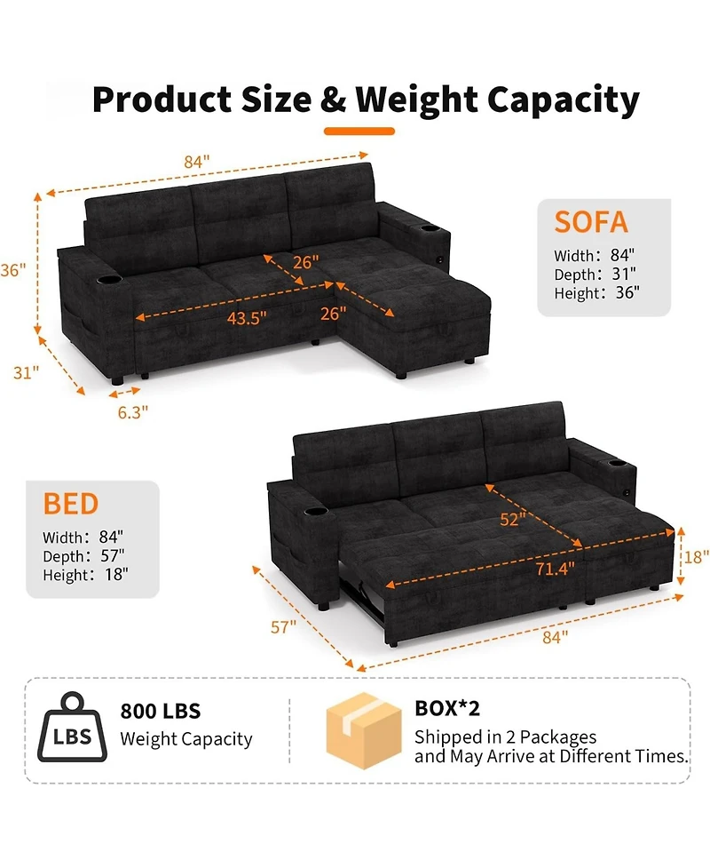 gaomon Couches for Living Room Shaped Sectional Sleeper Sofa with Pull Out Bed, Comfy Bed Charging Ports and Storage Armrests