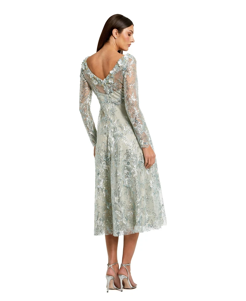 Mac Duggal Women's Floral Embroidered Long Sleeve Midi Dress