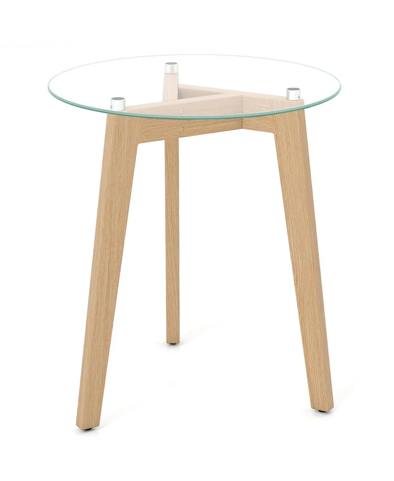 Sugift Tempered Glass End Table Round with Solid Rubber Wood Structure-1 Piece
