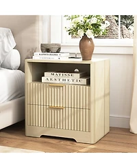 Rainsken Nightstand with Charging Stations and Night Light, 2-Drawer Bedside Table with Open Storage Shelf for Bedroom, Living Room