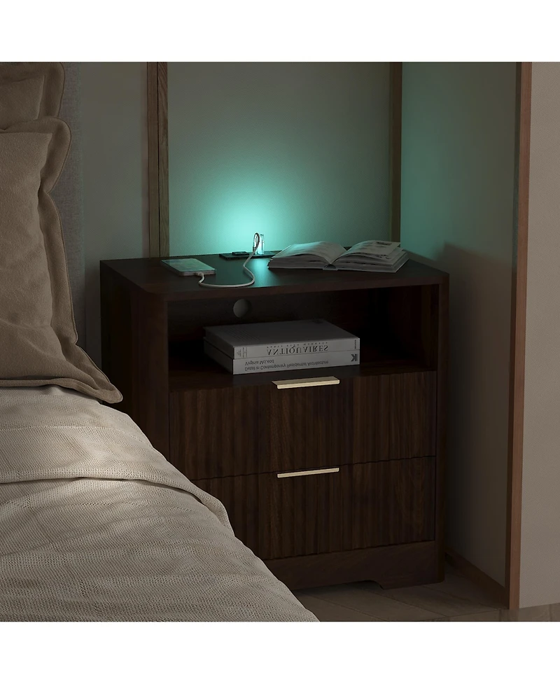 Rainsken 2-Drawer Bedside Nightstand with Built-in Charging Station, Led Night Light and Open Storage Shelf for Bedroom and Living Room