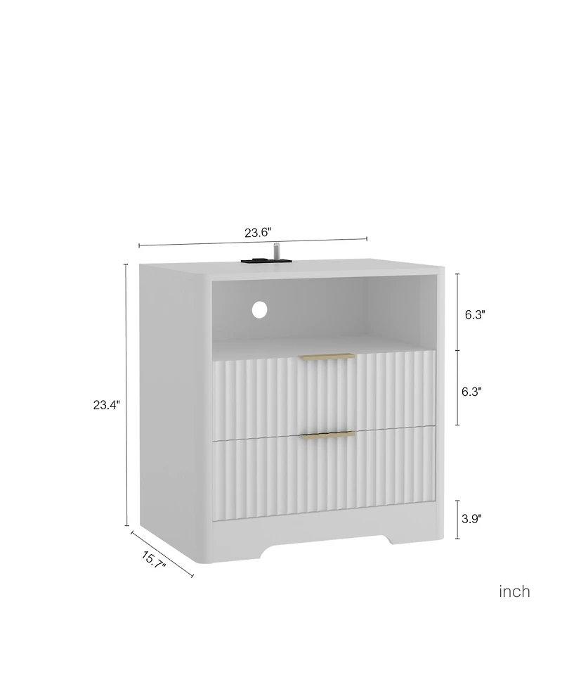 Rainsken Multi-Storage Nightstand with 2 Drawers, Open Shelf, Built-in Charging Station and Night Light for Bedroom and Living Room