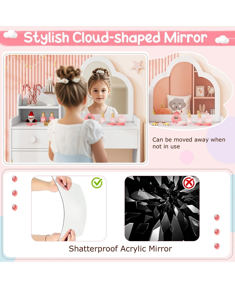 Sugift Kids Vanity Table and Chair Set with Cloud-shaped Mirror and Open Shelf