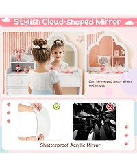 Sugift Kids Vanity Table and Chair Set with Cloud-shaped Mirror and Open Shelf