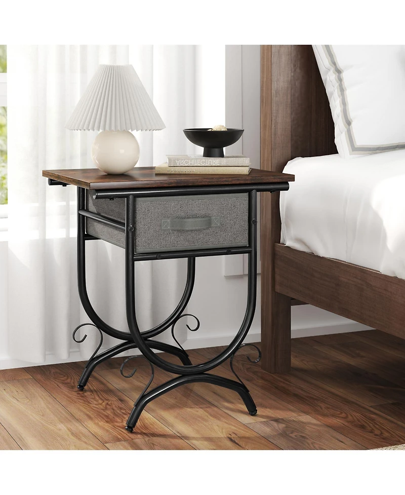 Sugift Side Table with Fabric Drawer and Carved Metal Frame for Living Room