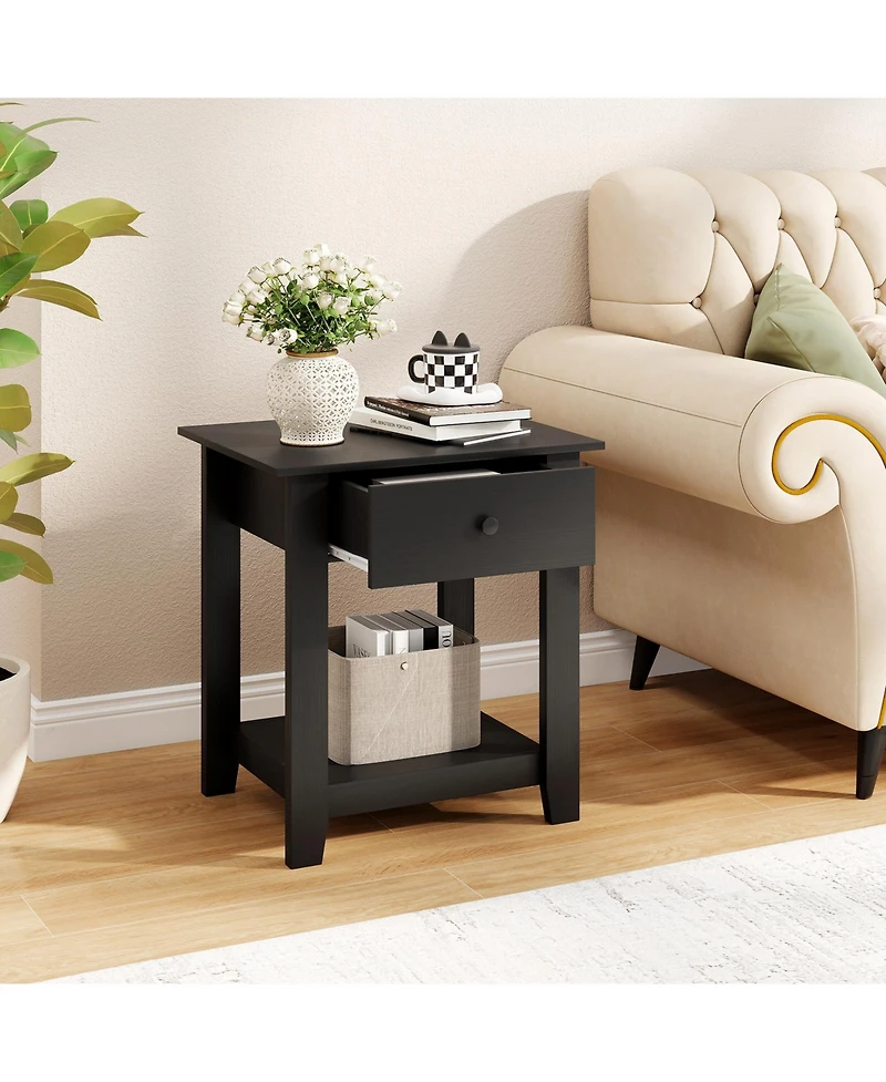 Sugift Nightstand with Drawer 3-Tier Modern Bedside Table with Open Shelf and Storage
