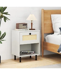 Sugift Rattan Nightstand Boho End Table with Rattan Drawer and Open Shelf