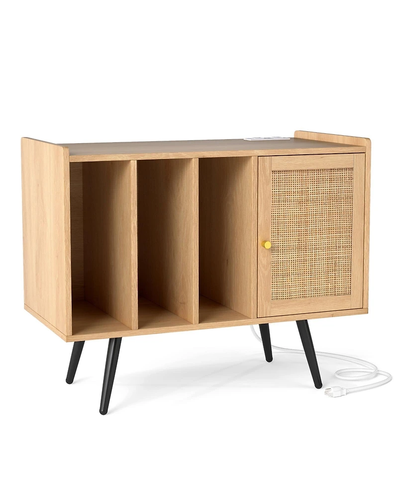 Sugift Record Player Stand with Charging Station and Rattan Cabinet for Living Room
