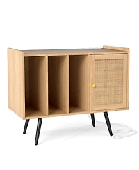 Sugift Record Player Stand with Charging Station and Rattan Cabinet for Living Room