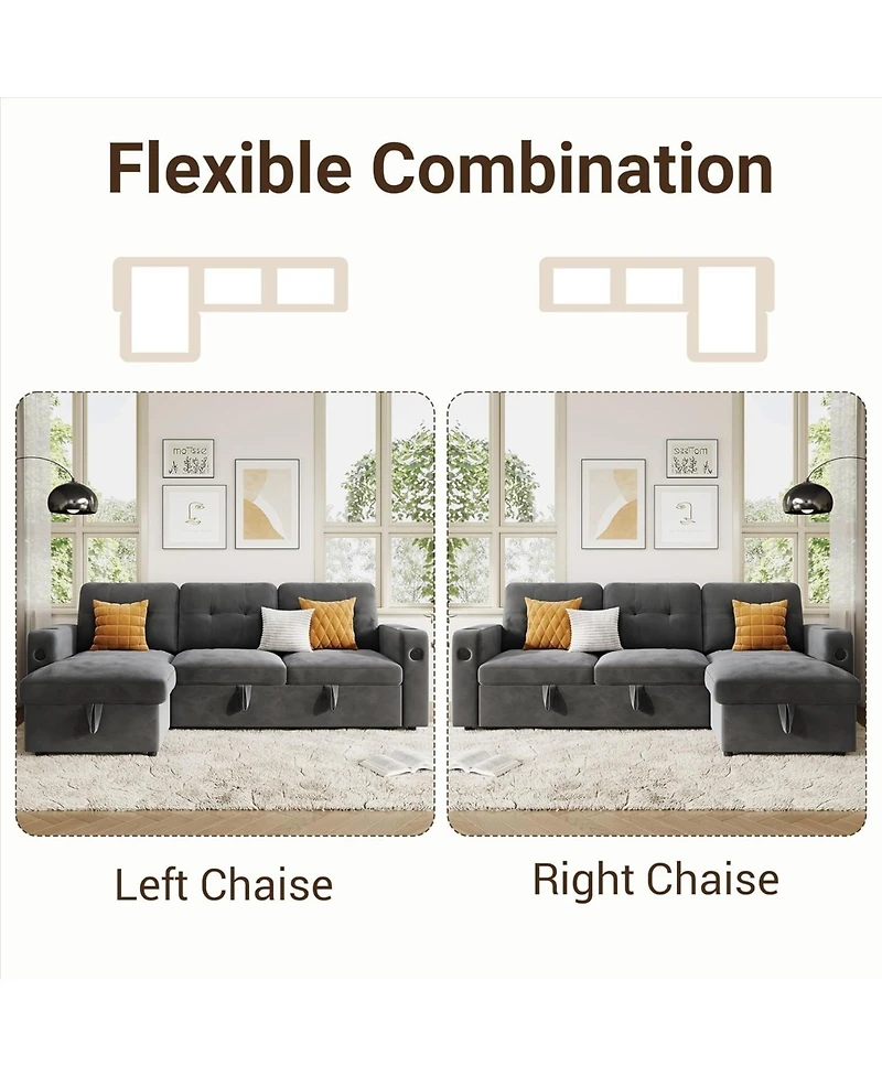 gaomon 84" Sleeper Sofa with Storage and Charging Station, Convertible Sectional Couch Bed Led Lights, Reversible Chaise, Pull Out