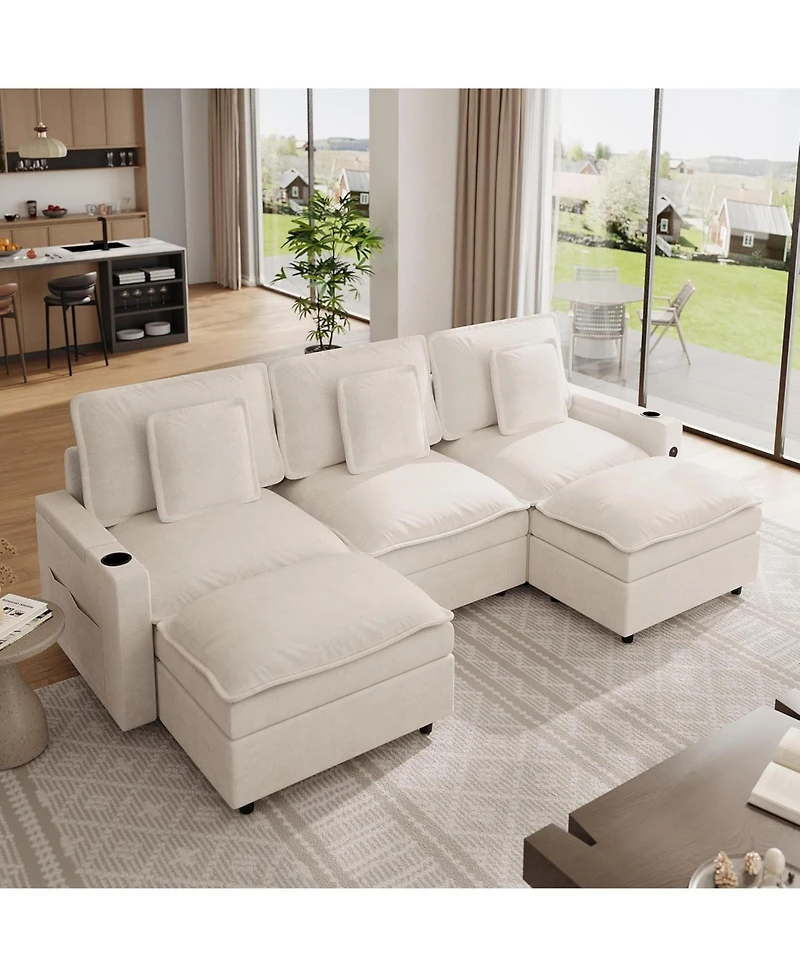 gaomon Sectional Couches for Living Room, 108'' Chenille Modular Cloud Couch with Storage Armrest and Movable Ottoman, U-Shaped Sectional Sofas