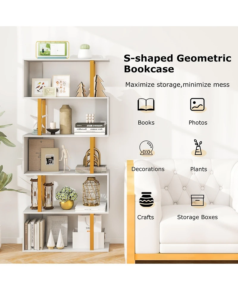 Gouun 5-Tier Geometric Bookcase with Gold Metal Frame and Anti-Tipping Kits