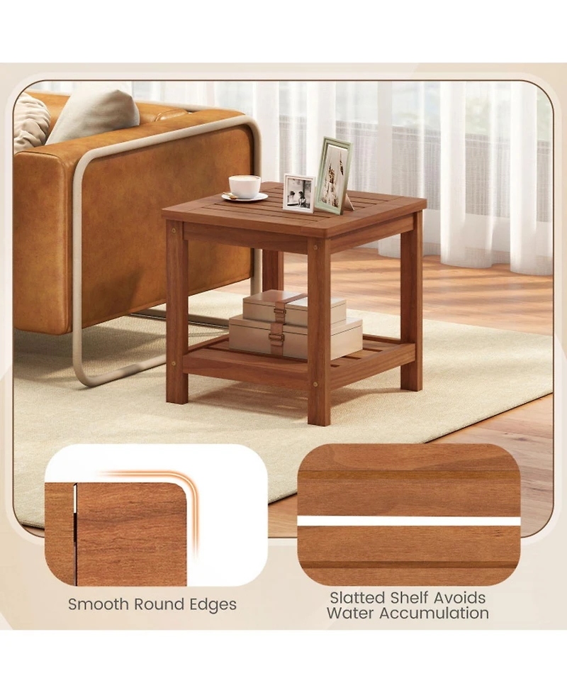Gouun 2-Tier Solid Wood Patio Side Table with Storage Shelf