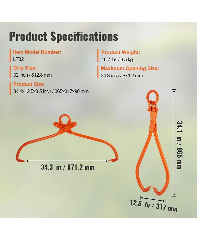 Sugift Log Skidding Tongs, 32 Inch, Heavy Duty Steel Lifting Tool for Lumber Handling