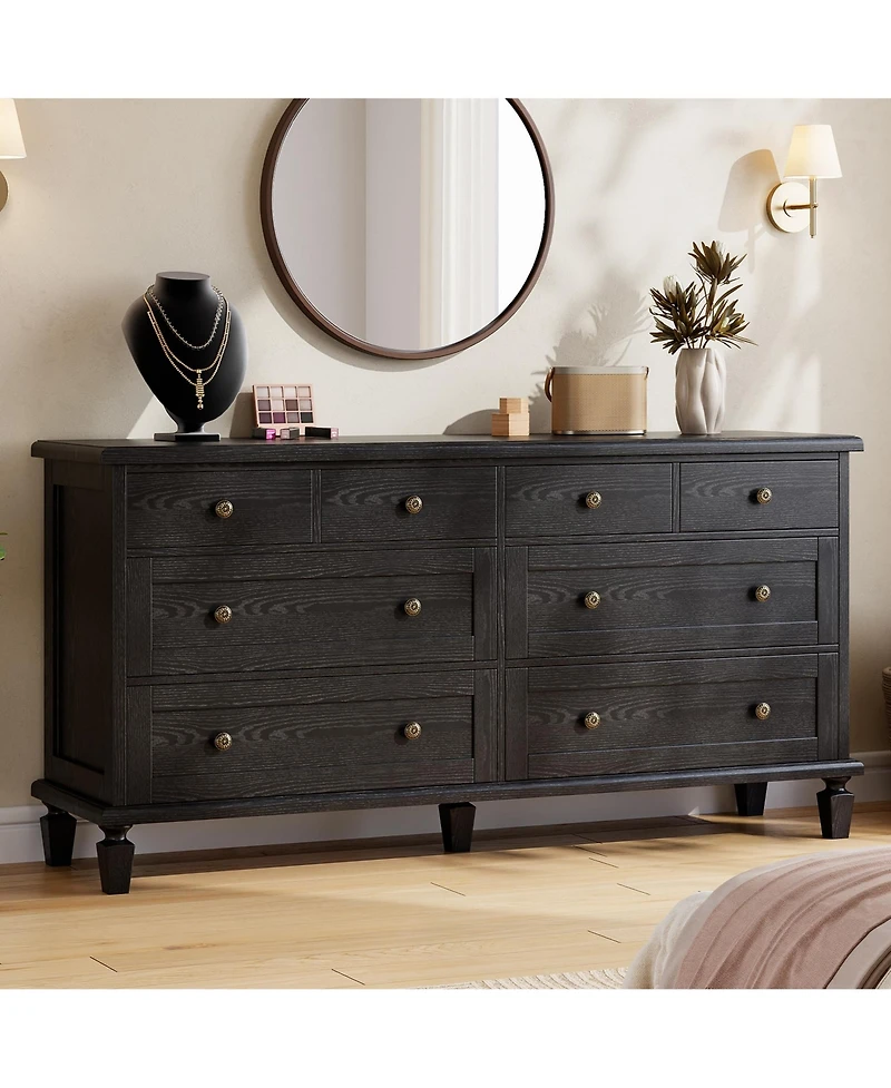 gaomon Bedroom 59" 8-Drawer Dresser Tv Stand, Wood Storage Chest with Carved Handles and Tapered Legs.