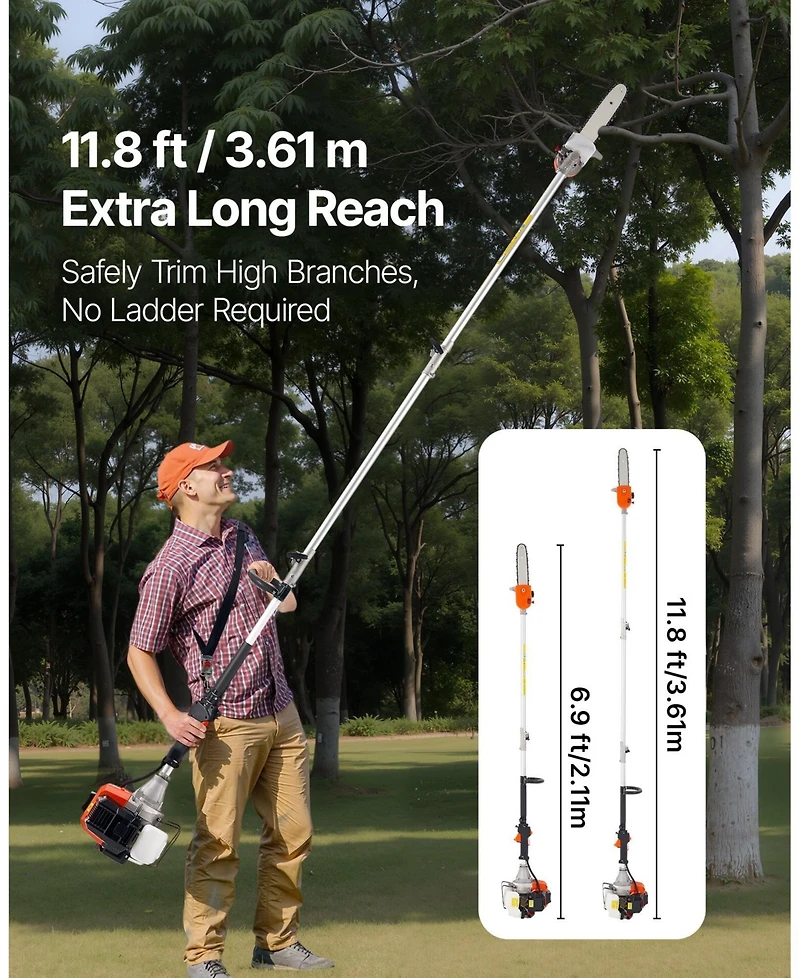 Sugift Gas Pole Saw, 43CC, 10" Cutting Bar, Extendable for Tree Trimming, Pruning