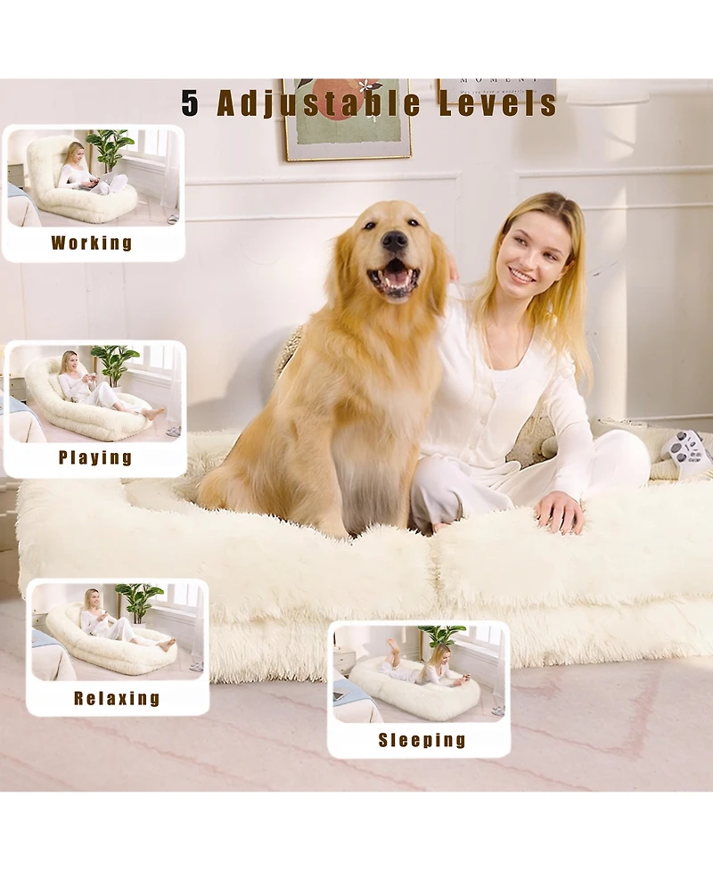 Rainsken Plush Human Dog Bed with 5-Position Adjustable Backrest, Foldable Lazy Sofa Floor Chair with Pillow for Living Room and Bedroom