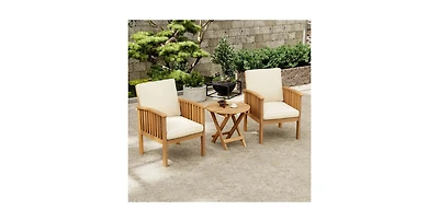 Flynama Outdoor Acacia Wood Patio Conversation Set with 2 Club Chairs Foldable End Table Brown Patina Cream Cushion for Garden Deck
