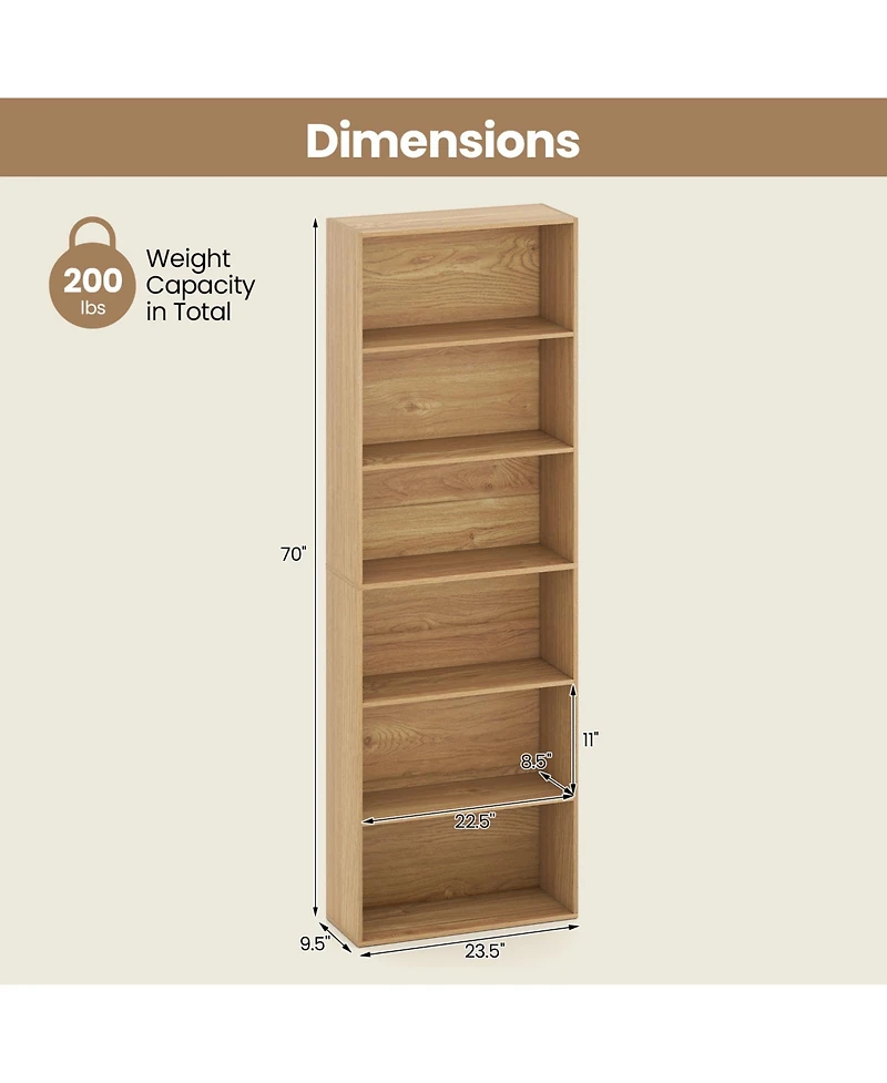 Gouun 6-Tier Bookcase with 6 Open Shelves and Anti-Toppling Kits, 23.5 x 9.5 x 70 in