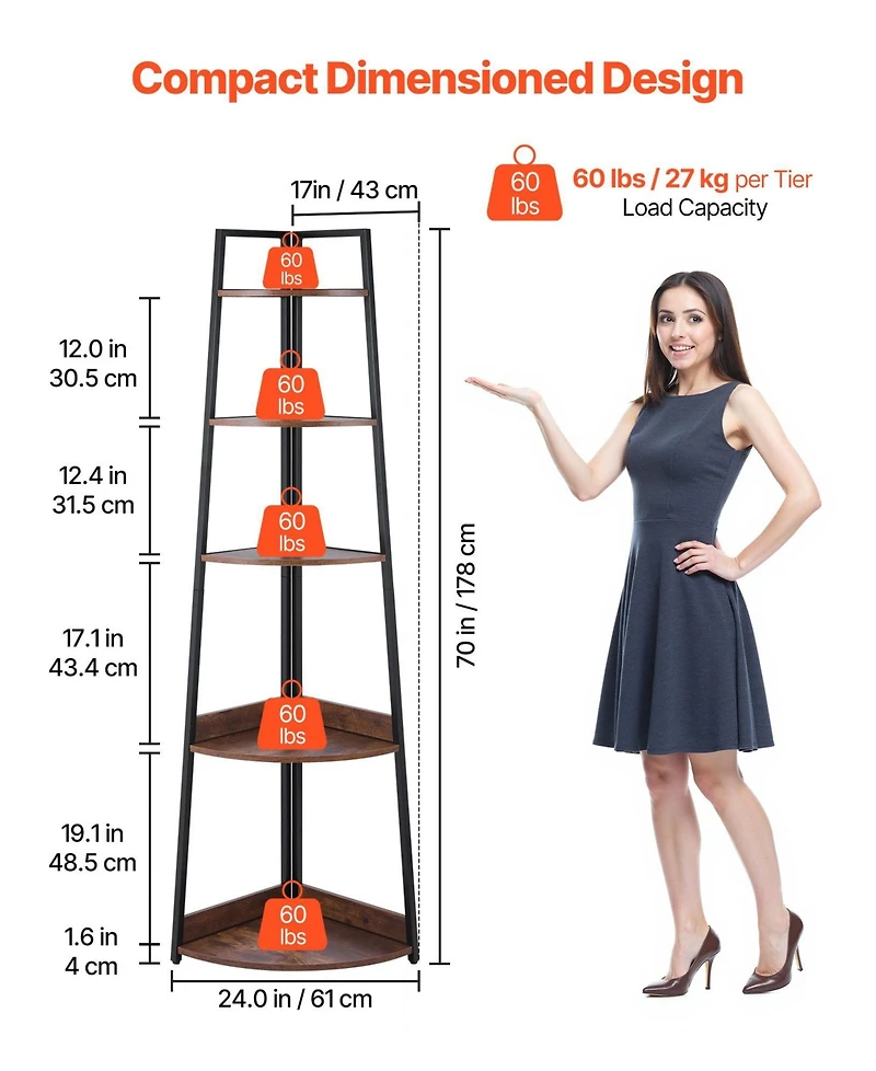 Gouun 5-Tier Corner Shelf, Corner Bookshelf with Metal Frame and Wooden Shelves