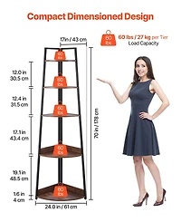 Gouun 5-Tier Corner Shelf, Corner Bookshelf with Metal Frame and Wooden Shelves