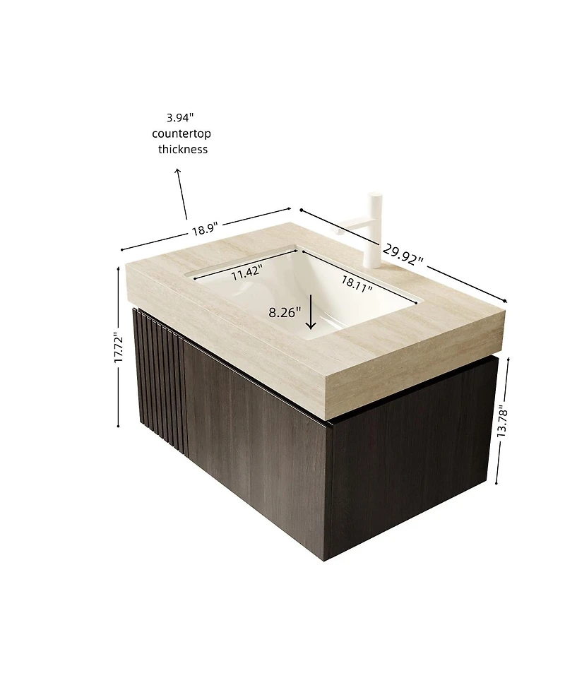 Sillysis Floating Bathroom Vanity with Roma Travertine Sintered Stone Top, Ceramic Sink, Soft Close Storage