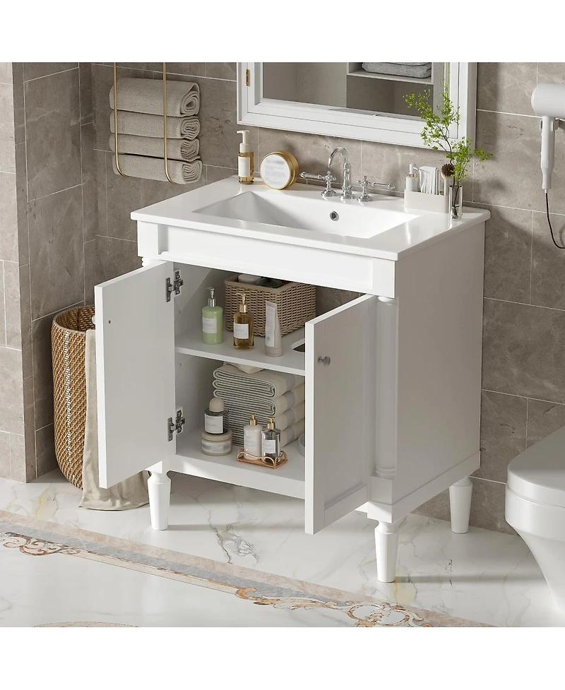 Sillysis Bathroom Vanity with Ceramic Sink, Modern White Freestanding Cabinet, Soft Closing Doors and Adjustable Shelf for Small Spaces-Sillysis