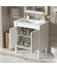 Sillysis Bathroom Vanity with Ceramic Sink, Modern White Freestanding Cabinet, Soft Closing Doors and Adjustable Shelf for Small Spaces-Sillysis