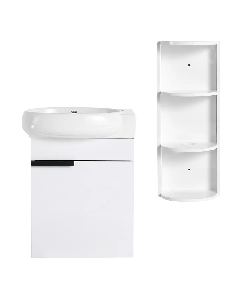 Sillysis 16.8 Inch Bathroom Vanity with 3-Tier Storage Rack and Ceramic Sink, Black Wall Mounted Modern Cabinet, Soft Close Door for Small Spaces