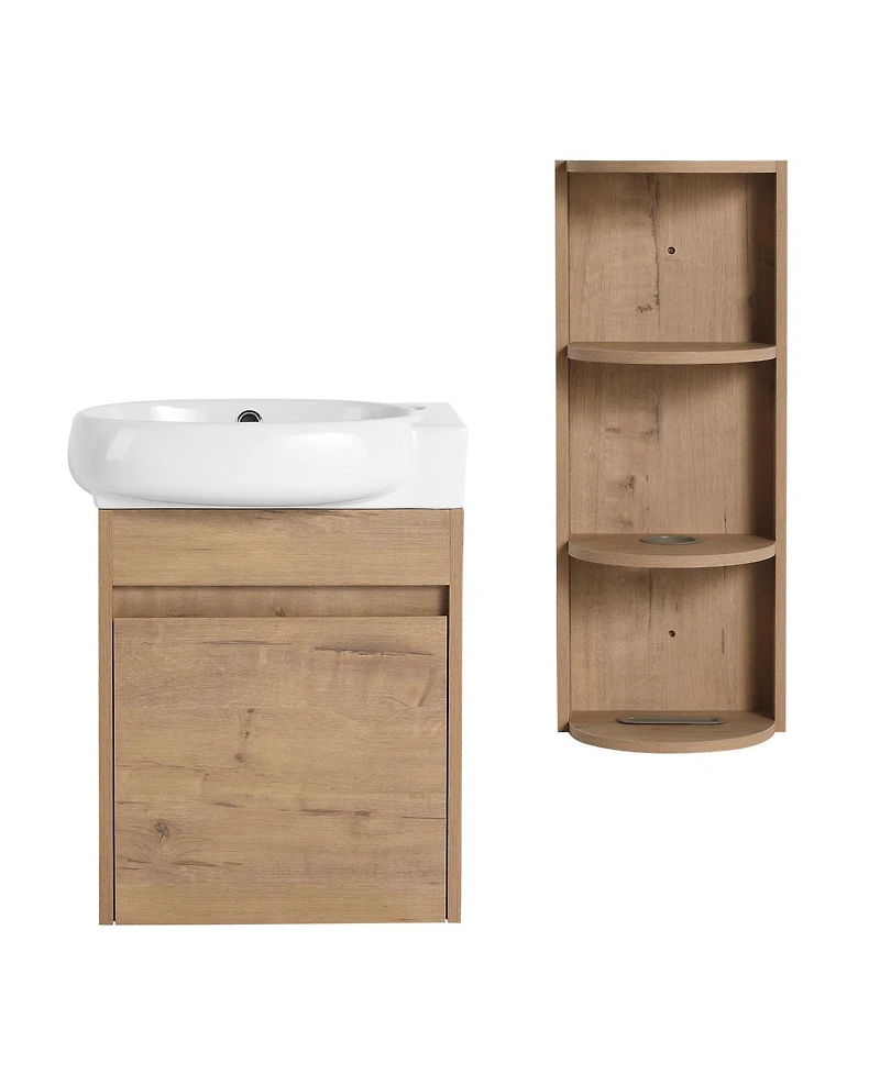 Sillysis 16.8 Inch Bathroom Vanity with 3-Tier Storage Rack and Ceramic Sink, Wall Mounted Modern Cabinet, Soft Close Door for Small Spaces