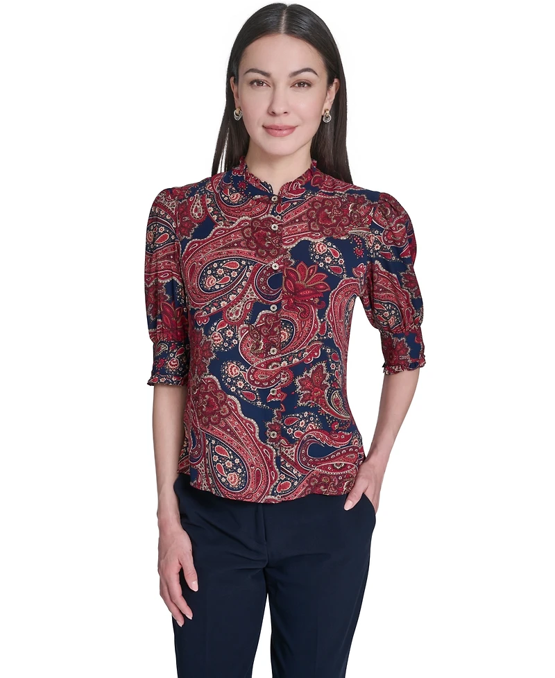 Tommy Hilfiger Women's Paisley Print Ruffle Neck Button Up Blouse