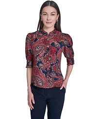 Tommy Hilfiger Women's Paisley Print Ruffle Neck Button Up Blouse