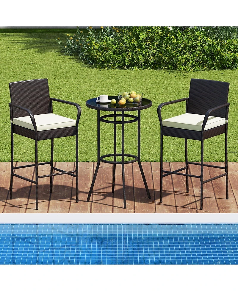 Sugift Patio Rattan Bar Height Table and Chairs with 2 Seat Cushions for Porch