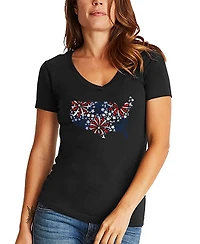 La Pop Art Women's Usa Fireworks Word V-Neck T-shirt