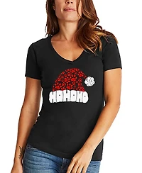 La Pop Art Women's Paw Print Santa Hat Word V-Neck T-shirt