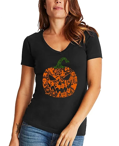 La Pop Art Women's Halloween Pumpkin Word V-Neck T-shirt