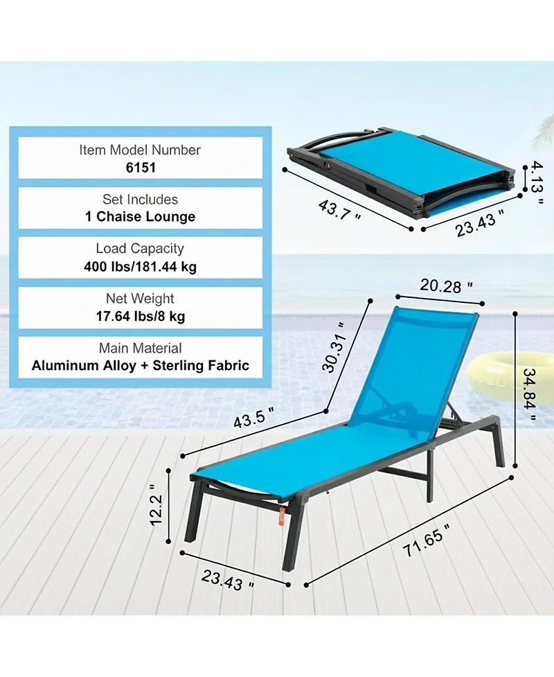 Gouun 5-Position Aluminum Patio Chaise Lounge, Folding Pool Recliner, 400 lbs