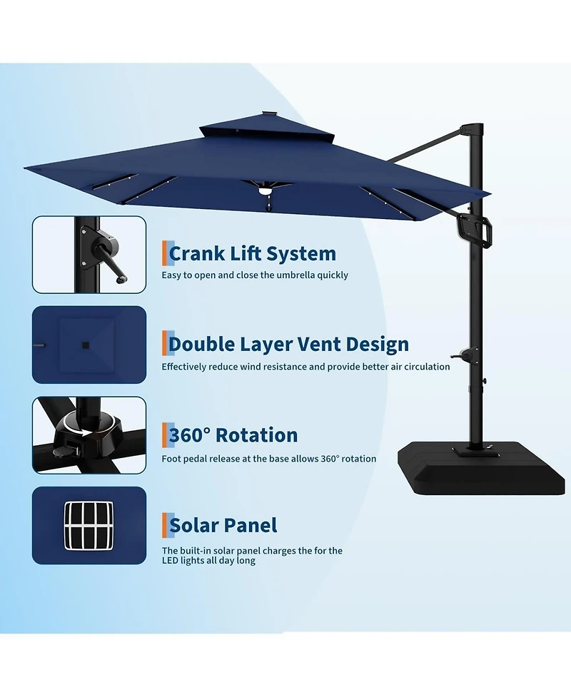 gaomon 10 ft Solar Lights Cantilever Patio Umbrella with Base Included, 360degree(s) Rotation Offset Umbrella, Easy Crank and Tilt Adjustment
