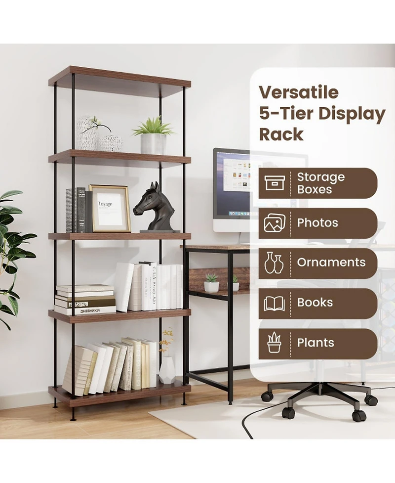 Gouun Tall 5-Tier Bookshelf with Metal Frame and Adjustable Foot Pads