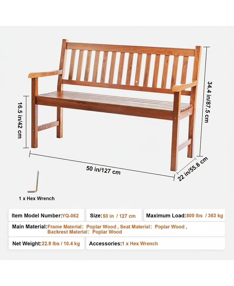 Gouun 50 in Wood Garden Bench with Backrest and Armrests, 800 lbs Capacity