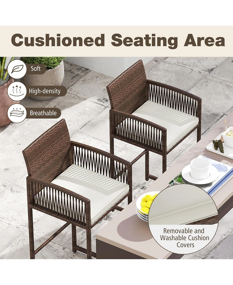 Gouun Outdoor Pe Wicker Bar Height Stools Set of 2 with Removable Cushions